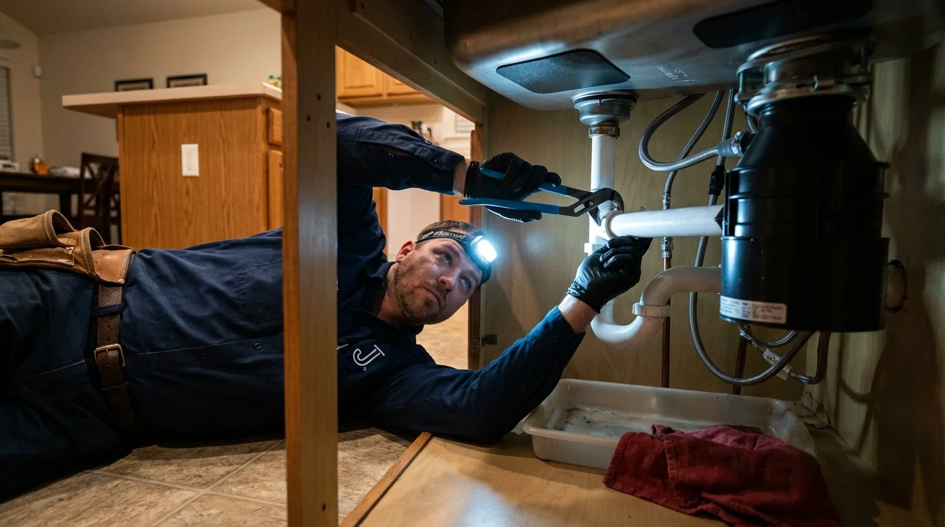 P-trap and supply line connections under a kitchen sink showing a common leak point in Whitestone, NY